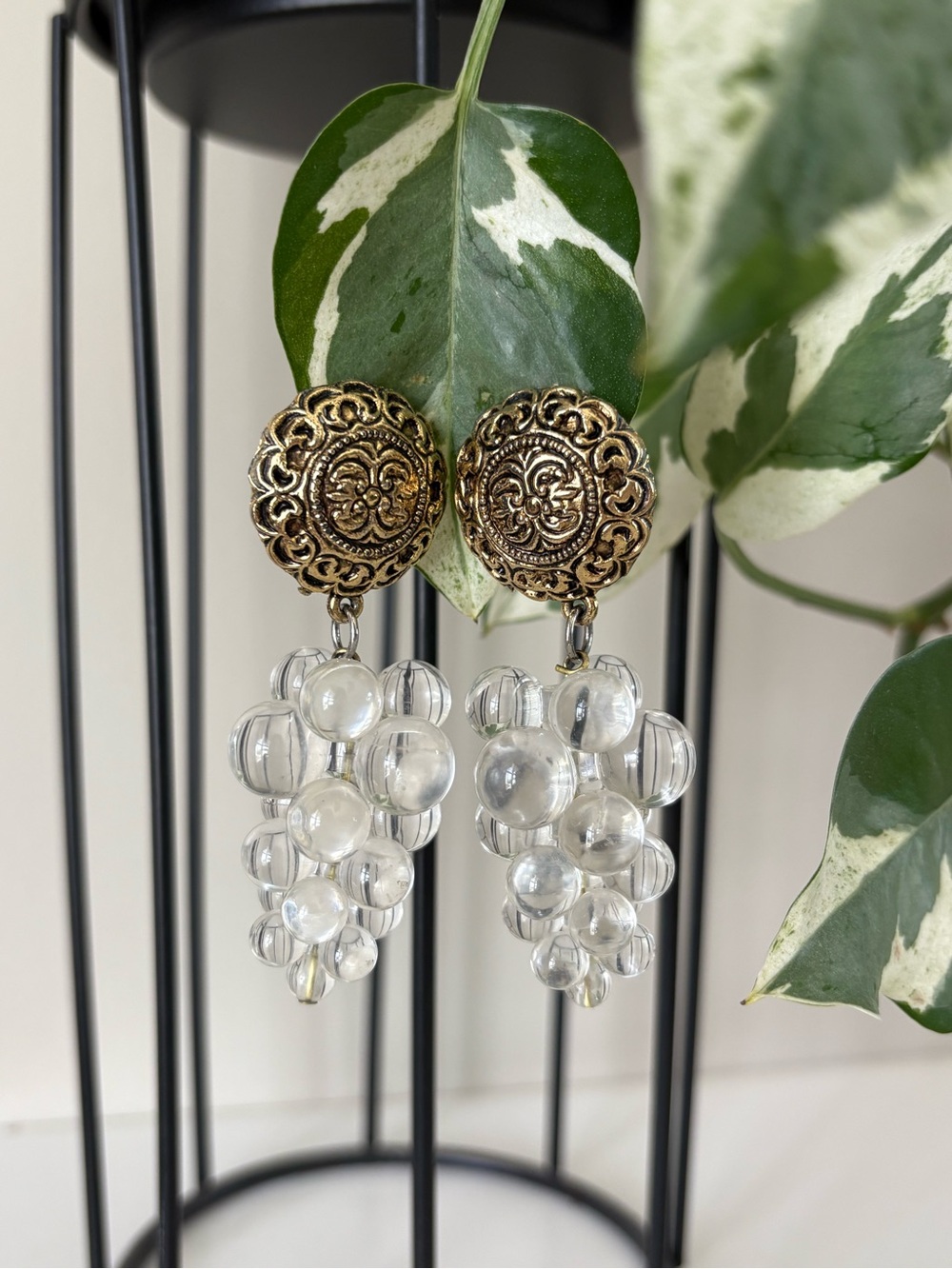 Vintage Babylone Inspired Gold-Top Clear Bead Cluster Drop Earrings